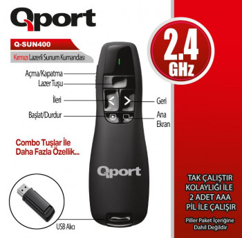 QPORT Q-SUN400 2.4 GHZ USB KIRMIZI LAZERLİ SUNUM KUMANDASI - PRESENTER